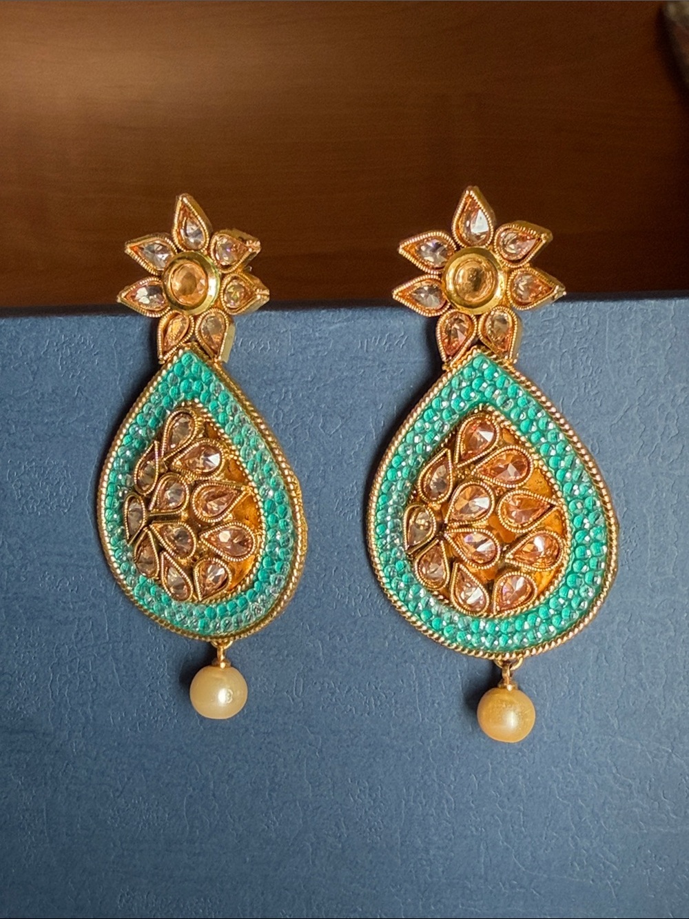 Gold Teardrop Earrings with Turquoise Bead Border and Pearl Accent